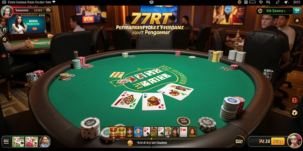 Screenshot gameplay 77RT menampilkan suasana permainan Poker yang seru.