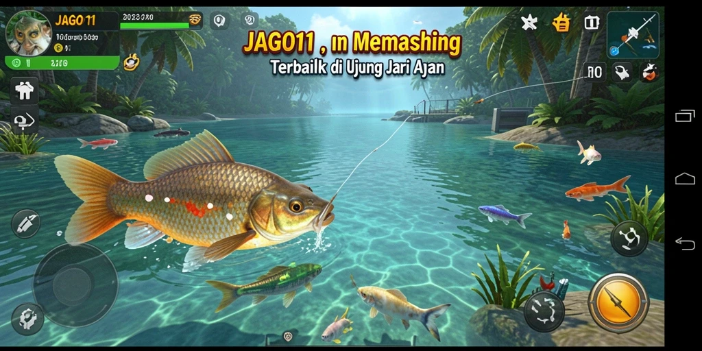 Screenshot gameplay JAGO11 menampilkan aksi memancing yang mendebarkan.