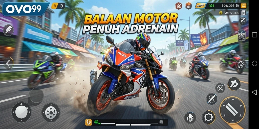 Screenshot OVO99 menampilkan aksi balapan motor yang mendebarkan.