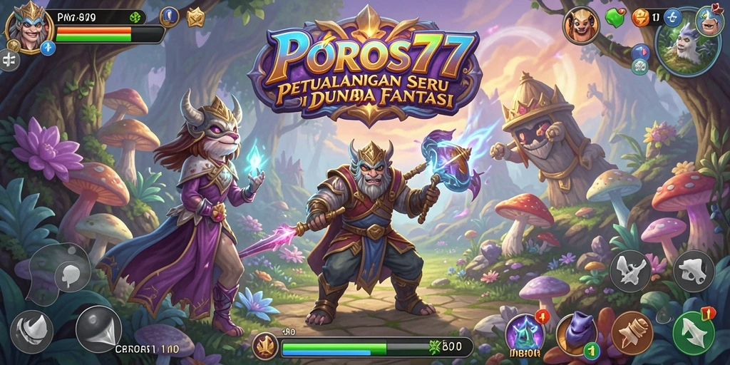 Screenshot menampilkan karakter utama menjelajahi dunia fantasi di POROS77.